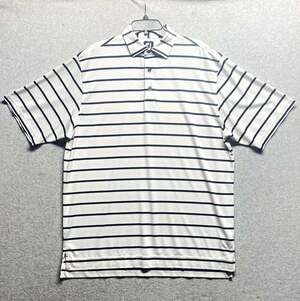 FootJoy Men’s L White/Navy Striped Stretch Golf Polo Shirt Collared Logo